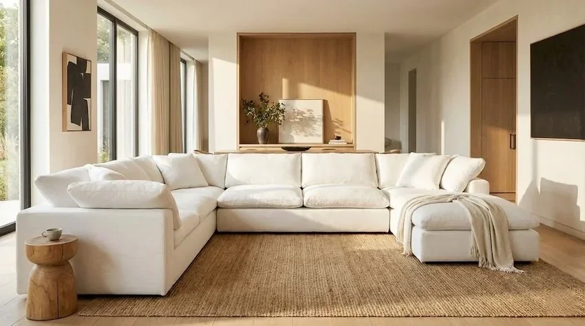 Los Angeles interior with low profile cloud sectional and deep seating in an open plan space